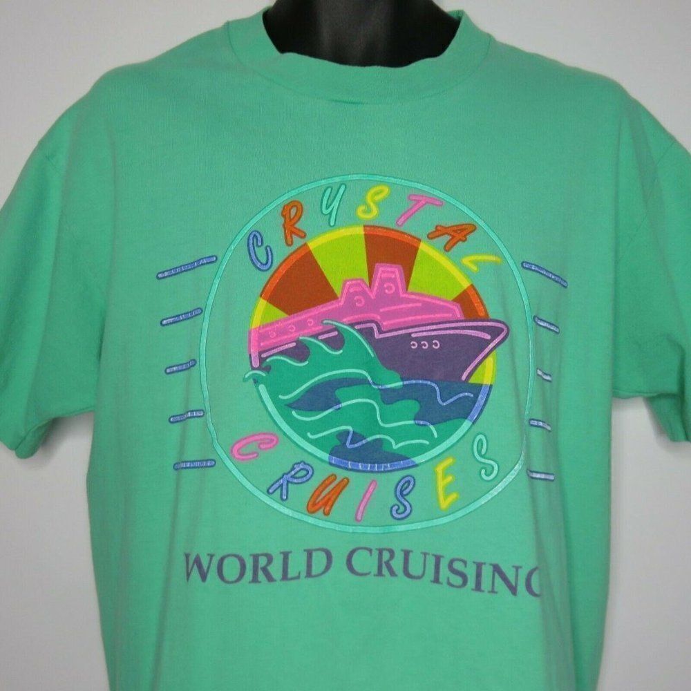 Vintage 90s Crystal Cruises TShirt L Green Neon Puffy Paint Made In USA Graphic